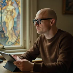 bald man with thick black glasses, blue eyes, medium close up portrait, sitting at desk, looking out window, using ipad, fantasy city outside window, adjacent window, greg rutkowski, alphonse mucha, brown color palette, lofi, profile view