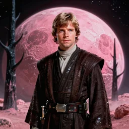 screenshot from the film Star Wars The Lost Jedi 1982, of Luke Skywalker in dark jedi robe is lost on a surreal pink planet with black trees, minamilist 1980s sci fi film by Stanely Kubrick film, color kodak, Ektachrome, anamorphic lenses, detailed faces, hyper-realistic, photoreal, detailed portrait, moody award winning cinematography, beautiful lighting