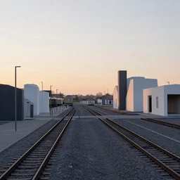 a minimalistic cubist abandoned train yard at dawn, by georg baselitz and edward hopper and dan mumford and antoni saura and moebius,