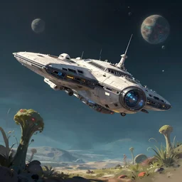 spaceship hovering over an alien planet, strange plants, low angle shot, concept art, by chris foss, concept art, digital illustration, trending on artstation, 8 k