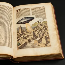 ufo attacking an ancient city, photo of a 1 5 th century codex book, 8 k