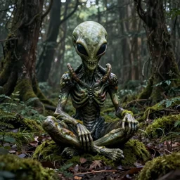 high quality scary alienated monster skull statue sitting in the middle of a dark and creepy forrest, partly covered with moss, highly detailed, cinematic smooth, stephen shore & john j. park, soft morning light, wide shot, high angle, uhd 8 k, deep focus