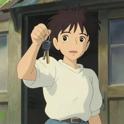 a girl takes her keys and leaves her house, close up shot, anime art, Greg Rutkowski, studio ghibli, dramatic lighting