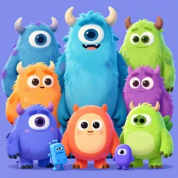 concept sheet of cute colorful family monster characters for kids assisting a concept machine, big eyes, big eyes, simple smooth shapes and forms, photo cartoon illustration, digital painting, 3 d alejandro alvarez alena aenami artworks in 4 k beeple, by carel willink and gregory crewdson, by thomas kinkade, overwatch