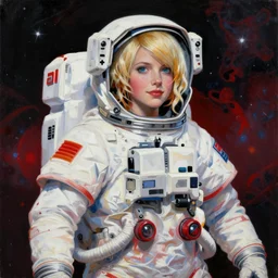 Pop art painting of a hopeful pretty astronaut lady with a wavy blonde hair, 4k resolution, nier:automata inspired, bravely default inspired, vibrant but dreary but upflifting red, black and white color scheme!!! ((Space nebula background))