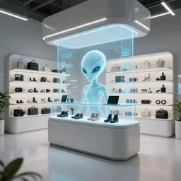 a photo of a clean alien shop, futuristic, holographic, 8k, sharp focus, Fujifilm