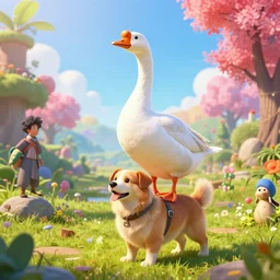 a white goose on top of a dog by wenjun lin, irakli nadar, bright colors, octopath traveler, wenjun lin, unreal engine 5 highly rendered, global illumination, radiant light, detailed and intricate environment