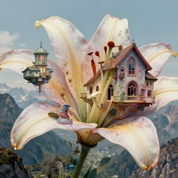 hyperrealistic abstract close-up Renaissance psychedelic!! biotech architecture!!! in the form of a mobius strip on a mountain landscape!!! beautiful fractal!! parts of the house hang as consoles in the form of lily petals, octane render, hd