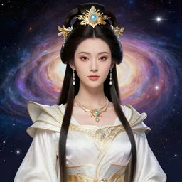 a time travel portrait of the powerful empress of the solar system in the style of anna dittmann and in the style of kim jung gi. glowing, ornate and intricate linework, stunning, dynamic lighting, ultrafine and hyperdetailed.