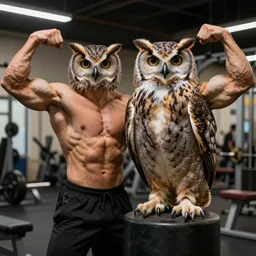 image of two muscular owls in the gym showing off their muscles, realistic, photorealistic, 8 k, hdr, high quality, high resolution, detailed
