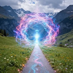a leyline portal in a switzerland landscape, the portal is filled with ethereal energies, overly charged, and mystical spiritual essence.