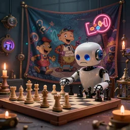 a beautiful tapestry, a small robot playing 3 d chess, ultra detailed, atmospheric lighting, night, neon signs steampunk, moody, candles, characters from machinarium, by don bluth, trending on artstation, octane render, 8 k, ultra realistic