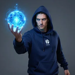 portrait powerful blue wizard wearing navy blue hoodie brandishes a glowing blue orb greg rutkowski tombow