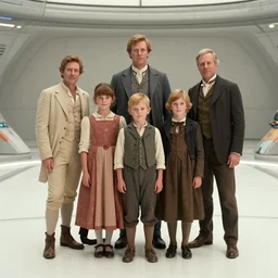 sharp, highly detailed, 10240k film, 17500mm film still from a sci fi blockbuster color movie made in 2019, set in 1860, of a family standing in a park, next to some strange alien plants and flowers, on an alien planet, the family are all wearing 1860s era clothes, good lighting, enhanced faces, 350mm f/1.4L lens