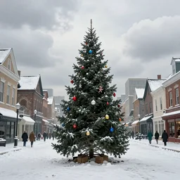 Divinely realistic winter city of 1834, downtown Christmas tree decorated with toys, fantastically realistic white clouds, Divinely realistic winter town of 1834, downtown Christmas tree decorated with toys, fantastically realistic white clouds