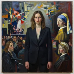 beautiful realistic standing portrait painting of crowd at indie rock concert in front of an abstract expressionist painting, painted by dana schutz and elaine de kooning and vermeer, intense metallic colors palette cinematic lighting dark shadows formal composition, impasto oil painting spectacular detail trending on artstation 8 k