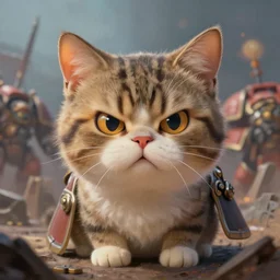 portrait of a cute cat from warhammer 4 0 k, angry, battlefield, bokeh, painting by greg rutkowski