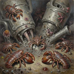 fine art oil painting varied muck jeweled, filthy rugated armored crustaceans clawing & terrified as massive brutalist, rolling, structures, claustrophobic cilia sporing pox, evil fog, final battle removal, battle panorama 3 6 0 clustered horror, by virgil finlay, vincente b ballestar, by francesco blanc, geof darrow,