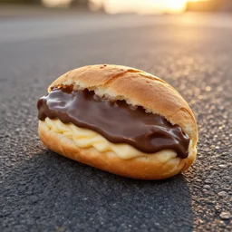 A cream bun, fully in view, laying on the asphalt, it is completely covered in nutella. food photography, 8k resolution, incredible detail, sunset lighting.