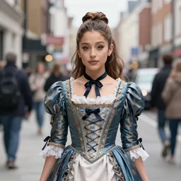 Ariana Grande Victorian Era clothing, walking through the streets of London, XF IQ4, f/1.4, ISO 200, 1/160s, 8K, symmetrical face, beautiful eyes
