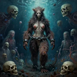 shackled in the void, by hr beeple and cgsociety. stunning goddess of sasquatch, charlie bowater and tom bagshaw, insanely detailed, artstation, space art. atoms surrounded by skulls and spirits deep under the sea, horror, sci - fi, surrealist painting, by peter mohrbacher
