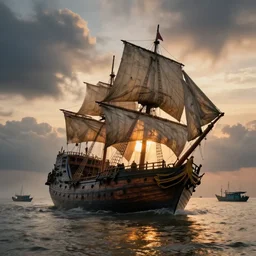 shipwrecked spanish galleon, mast and tattered sails, sinking in the mekong delta, sunset, clouds, stormy sea, wrecked sunken pirate ship, tall mast, shipwreck, deconstructed ship, pirate, ghost ship, vietnamese fishing boats, cinematic lighting, hyper realistic, mist, octane render, 8 k, frontlit hyper detailed, ripples, reflections