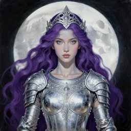 painting of warrior woman of the moon, silver filigree armor and tiara, moon above head, purple wavy hair, smooth translucent skin, wide striking eyes, beautiful! coherent! symmetrical body, by brom, by junji ito, by brian froud, strong line, high contrast, muted color, preraphaelite style, 4 k, trending on artstation