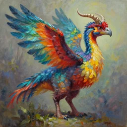 feathered dinosaur with bright plumage and horns, oil paint on canvas