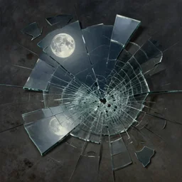 a broken mirror, many pieces, cracked glass, broken, many shards, lying on the ground, view from above, reflection of the moon, very detailed, digital painting, oil painting, moonlight, dark night, hyperrealistic, intricate, fantasy art, highly detailed, beautiful, artstation, cgsociety, illustration by greg rutkowski