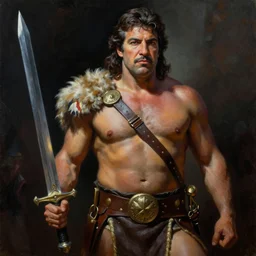 an ultra - realistic oil painting of hugo chavez dressed as a barbarian holding a sword in the style of frank frazetta. 4 k. ultra - realistic. highly detailed. dark fantasy. epic lighting.