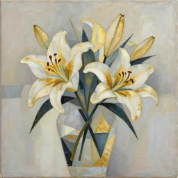 an abstract painting of a lilies buke made out of geometric shapes and using partly gold paint - n 9