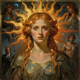 stunning, breathtaking, awe-inspiring award-winning detailed concept art nouveau painting of attractive Tilda Swinton as the goddess of the sun, with anxious, piercing eyes, by Alphonse Mucha, Michael Whelan, William Adolphe Bouguereau, John Williams Waterhouse, and Donato Giancola, cyberpunk, extremely moody lighting, glowing light and shadow, atmospheric, cinematic, 8K