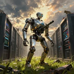 gloomy ruined server room in datacenter painting concept art of half - body robot, artillery, pacing, computers, racks, motherboard, cinematic view, epic sky, detailed, concept art, low angle, high detail, warm lighting, volumetric, godrays, vivid, beautiful, trending on artstation, by jordan grimmer, huge scene, grass, art greg rutkowski