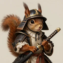 detailed baroque portrait of a grotesque squirrel in a Japanese helmet and with katana, realistic creature concept, gazing eyes, beautiful eyes medium shot, elegant pose, fantasy, illustration, artstation, cinematic lighting, hyperdetailed, cgsociety, 8k Resolution, high resolution, Charlie Bowater, Tom Bagshaw, Tom Richmond, single face, insanely detailed and intricate, beautiful, elegant, golden ratio