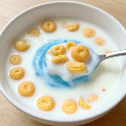 “small people swimming in a bowl of milk and a few Cheerios, food photography”