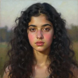 oil painting by ilya kuvshinov,, baugh casey, rhads, coby whitmore, of a young farrokh bulsara, long curly black hair, outdoors, highly detailed, breathtaking face, studio photography, dawn, intense subsurface scattering, blush, supple look, innocence, intense sunlight