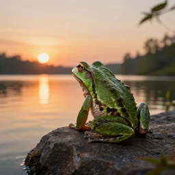 a frog on a rock watching the sunset, in a lake, 8k, hyper realistic, insainly detailed, HDR, trend in artstation