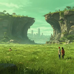 a beautiful hyper realistic detailled matte painting of a grassy plain in a serene futuristic cyberpunk city with green sky at noon, a landscapse with giant caverns splitting apart, by john howe, albert bierstadt, alena aenami, whitney darrow jr., and dan mumford concept art wallpaper 4 k, trending on artstation, concept art, cinematic, unreal engine, trending on behance