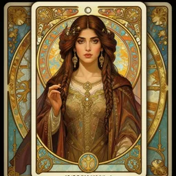 head-on symmetrical centered painted portrait, Mahira Khan as a D&D wizard, art nouveau, tarot card style, medieval robes, fantasy, intricate, elegant, highly detailed, smooth, sharp focus, illustration, artstation, in the style of Artgerm and Anna Podedworna and Alex Ross and Mucha