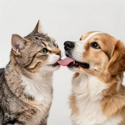 cat and dog licking each other, cute drawing, concept art, trending on Artstation, long tongue, realistic, very beautiful fur, perfect animal