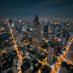 sci - fi bangkok cityscape. wide angle night photo. helicopter view. exaggerated detail. volumetric lighting. painting by masamune shirow. 4 k