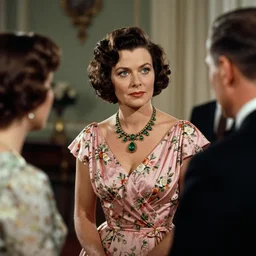 a extreme long medium full shot, german and eastern european mixture kodachrome slide depicting a queen with tan skin, short, rippling dark cinnamon hair, and emerald coloured eyes, having a meeting with the prime minister. she is depicted in a vintage historical fantasy 1 9 3 2 life magazine photograph wearing a pink dress with floral patterns and green jewelry.