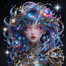 Anime girl with cosmic hair, high of the face, Technicolor, Megapixel, Ray Tracing Global Illumination, Starburst, insanely detailed and intricate, hypermaximalist, elegant, ornate, hyper realistic, super detailed, by Jeff Koons