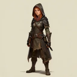drawing. fantasy character. halfling. female. rogue. weathered. cynical.