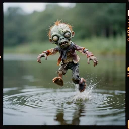 kodak portra 4 0 0, 5 0 mm leica summicron f 1. 2, action photography, long shot, dirty lenses, award winning macro photo of a small zombie in the middle of a jump on a lake, fast shutter speed, motion blur, tiny gaussian blur, highly detailed, highly intricate, depth of field, national geographic, 4 k