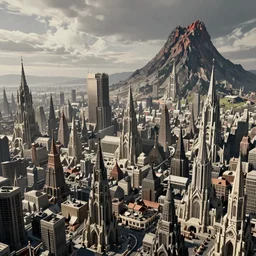 mordor as a bustling city, highly detailed, sharp focus, skyline, vast, gothic, lord of the rings, mount doom, 4 k, fantasy, cinematic, dystopian