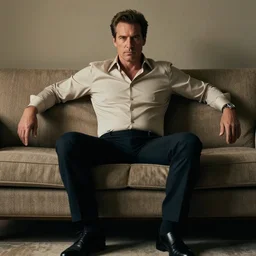 full body photo of steve, mature male, mysterious face. he is sitting gracefully on a sofa, elegant slim beige shirt, tight shirt, beer belly