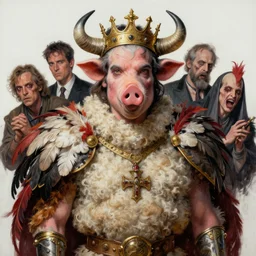 a hyper detailed painting of joaquin phoenix with a crown, cow horns, pig nose, sheep wool, chicken feather armor, horror, by anna podedworna, by miklos ligeti, by diego maricato, by taran fiddler, by antonino truisi, by chris reddie, by jinsung lim, trending on artstation