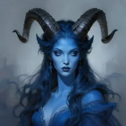 a beautiful blue skinned woman, big black curved hornes, flowing dress, dnd, face, fantasy, intricate, elegant, highly detailed, digital painting, artstation, concept art, smooth, sharp focus, illustration, art by artgerm and greg rutkowski and alphonse mucha