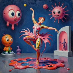 an extremely high quality hd surrealism painting of a 3 d perspective neon complimentary - colors cartoon surrealism melting sculpture gallery zaha hadid biological anatomical dancer by a much more skilled version of kandinskypicasso and salvia dali the fourth, salvador dali's much much much much more talented painter cousin, 8 k, ultra realistic, very realistic, nerves, veins, neurons